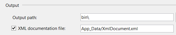 Screenshot of the Output dialog box, showing the output path and the option to select the X M L documentation file.