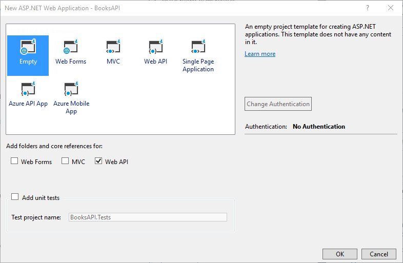 Image of new A S P dot Net web application dialog