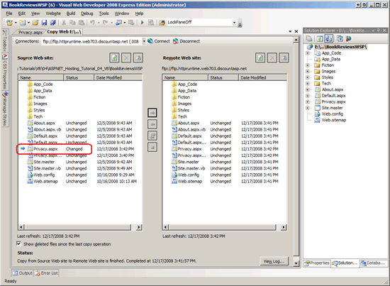 The Copy Web Site Tool Indicates that the <code>Privacy.aspx</code> Page has been Changed