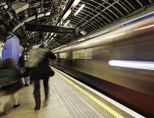 A train running through a station