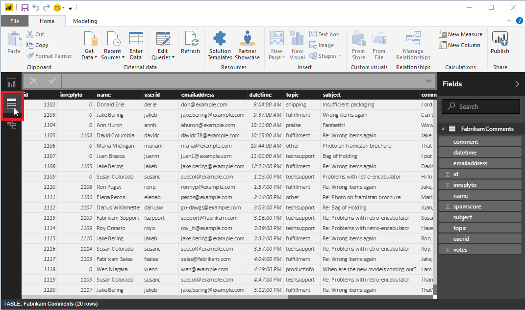 The initial view of the imported data