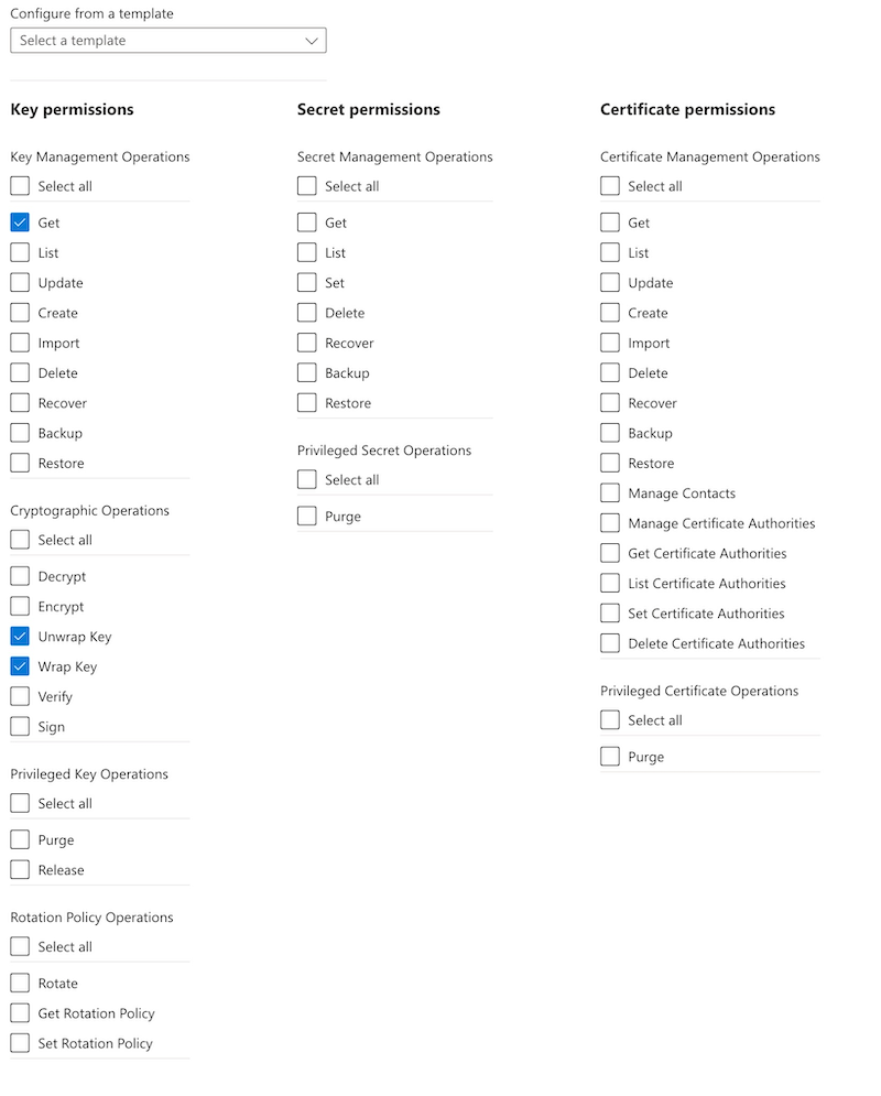 Screenshot of the Azure portal page for a key vault access policy. The permissions selected are Get Key, Wrap Key, and Unwrap Key.