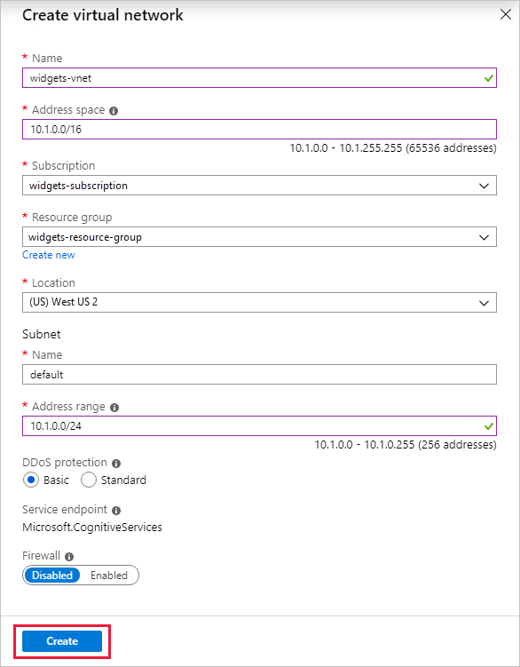 Screenshot shows the Create virtual network dialog box.