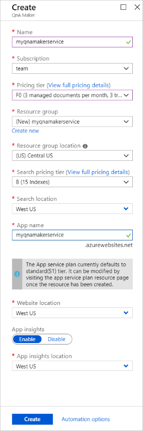 Create a new QnA Maker service - pricing tier and regions