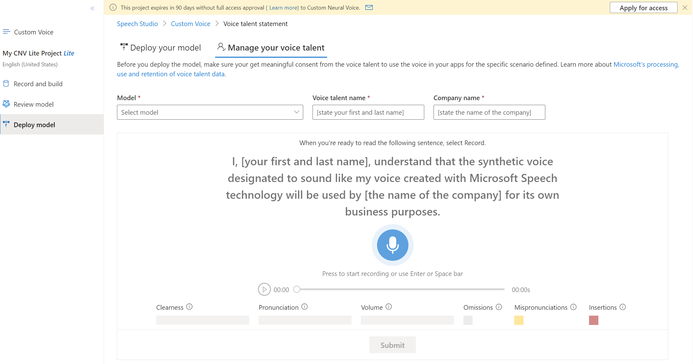 Screenshot of the record voice talent consent dashboard.