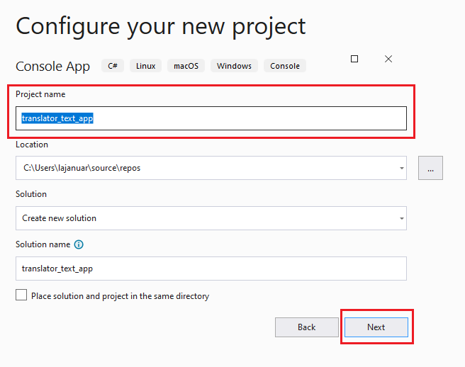 Screenshot: Visual Studio's configure new project dialog window.