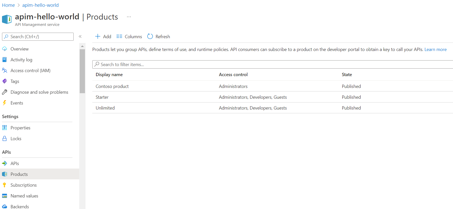 API Management products in portal