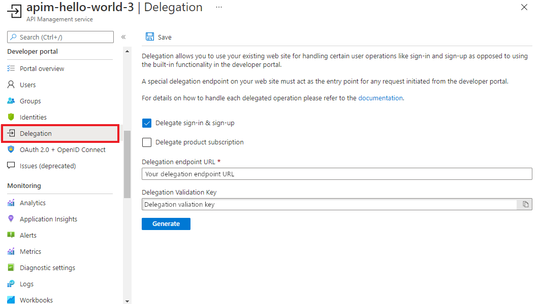 Screenshot showing delegation of sign-in and sign-up in the portal.