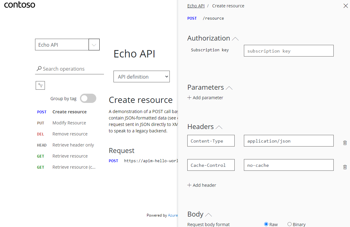 Screenshot of the test console in the API Management developer portal.