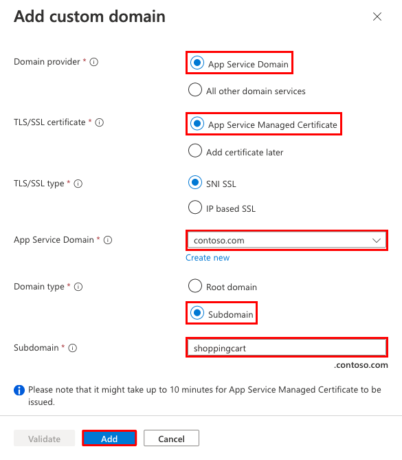 A screenshot showing how to map an App Service domain in the Add custom domain dialog.