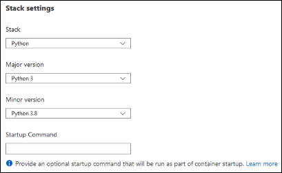 Screenshot that shows stack settings for Linux containers.