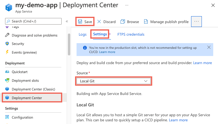 Screenshot that shows how to enable local Git deployment for App Service in the Azure portal.