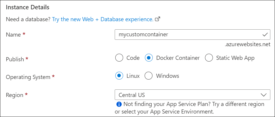 Screenshot of the Instance details section where you provide a name for the virtual machine and select its region, image and size.