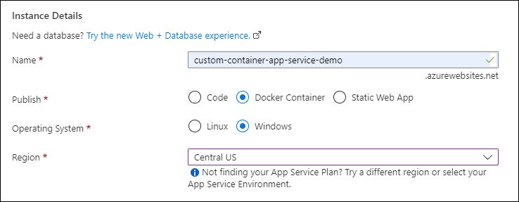 Screenshot of the Instance details section where you provide a name for the virtual machine and select its region, image, and size.