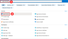 A screenshot of how to use the search box in the top tool bar to find App Services in Azure.