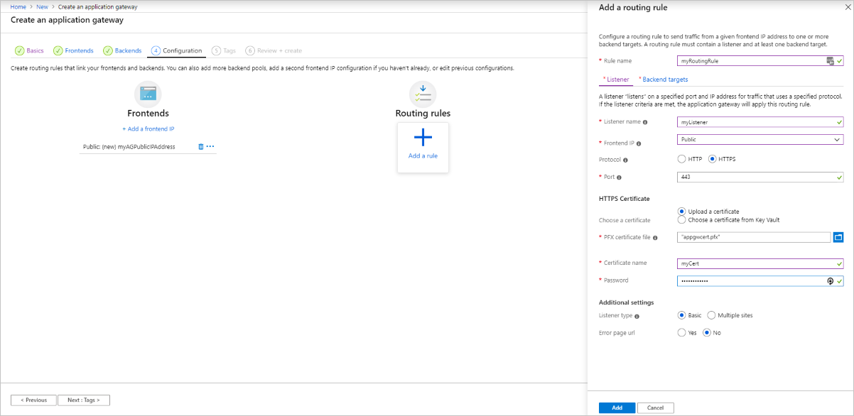 Screenshot of create a new application gateway listener.