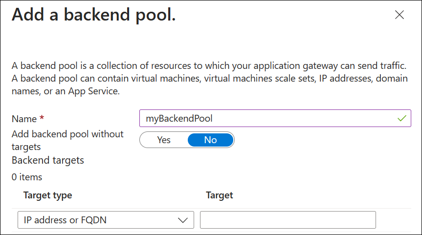 A screenshot of create new application gateway: backends.