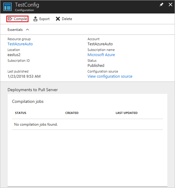 Screenshot of the TestConfig configuration page highlighting compile button