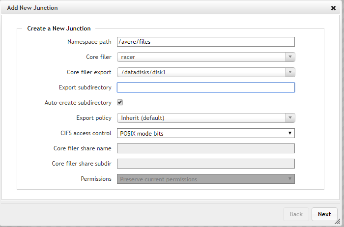 "Add new junction" dialog with /avere/files in the namespace path field