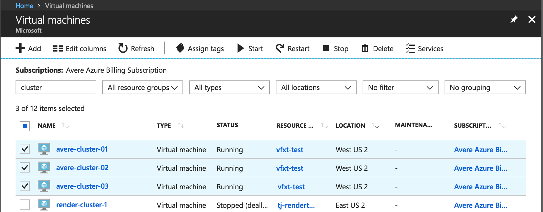 List of VMs in the portal, filtered by the term "cluster", with three of the four checked and highlighted