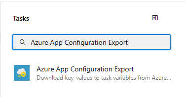 Screenshot shows the Add Task dialog with Azure App Configuration Export in the search box.