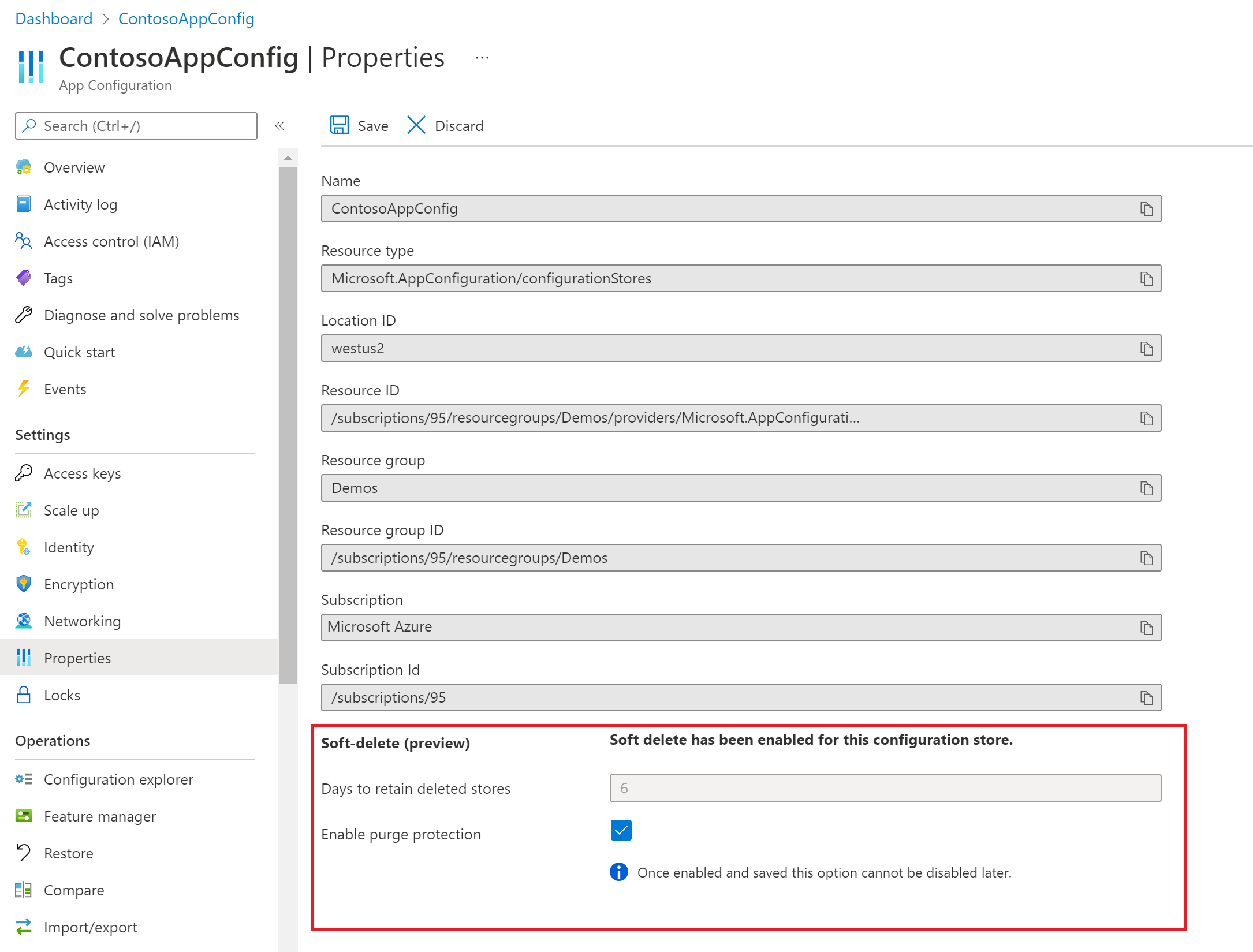 In Properties, Soft delete, Days to retain are highlighted.