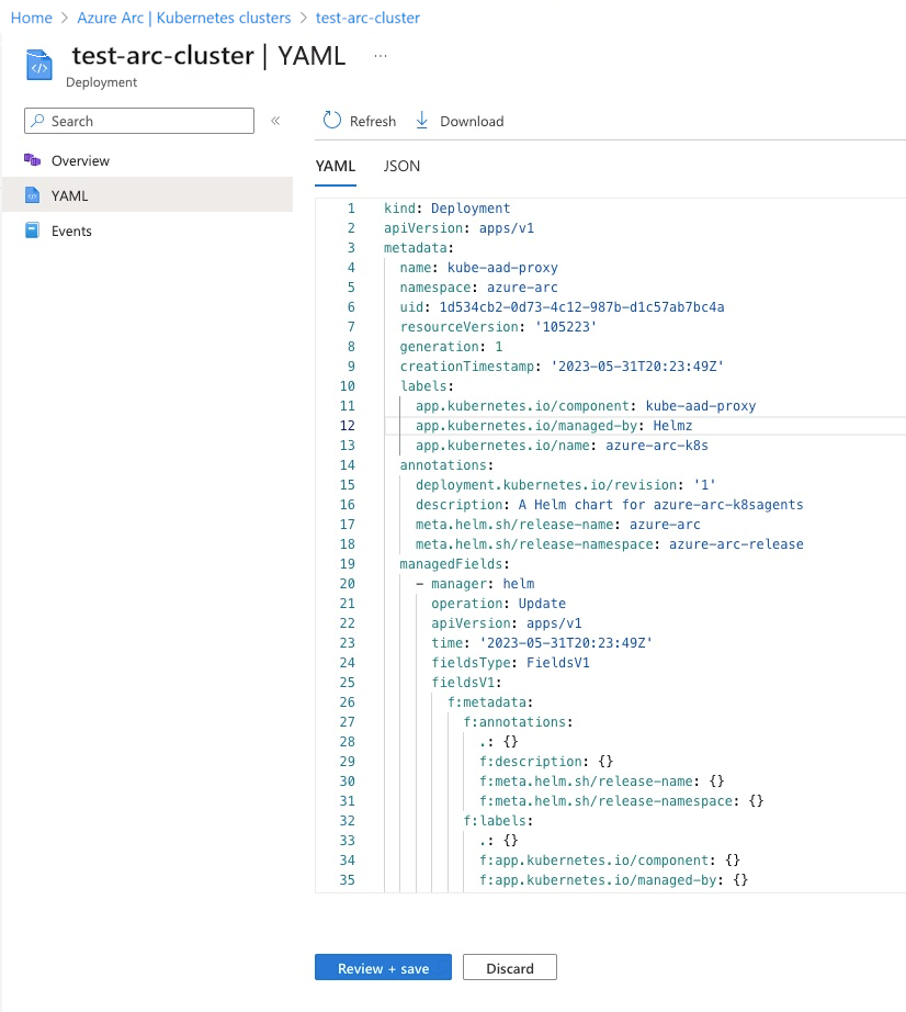 Screenshot showing the YAML editor for Kubernetes objects displayed in the Azure portal.