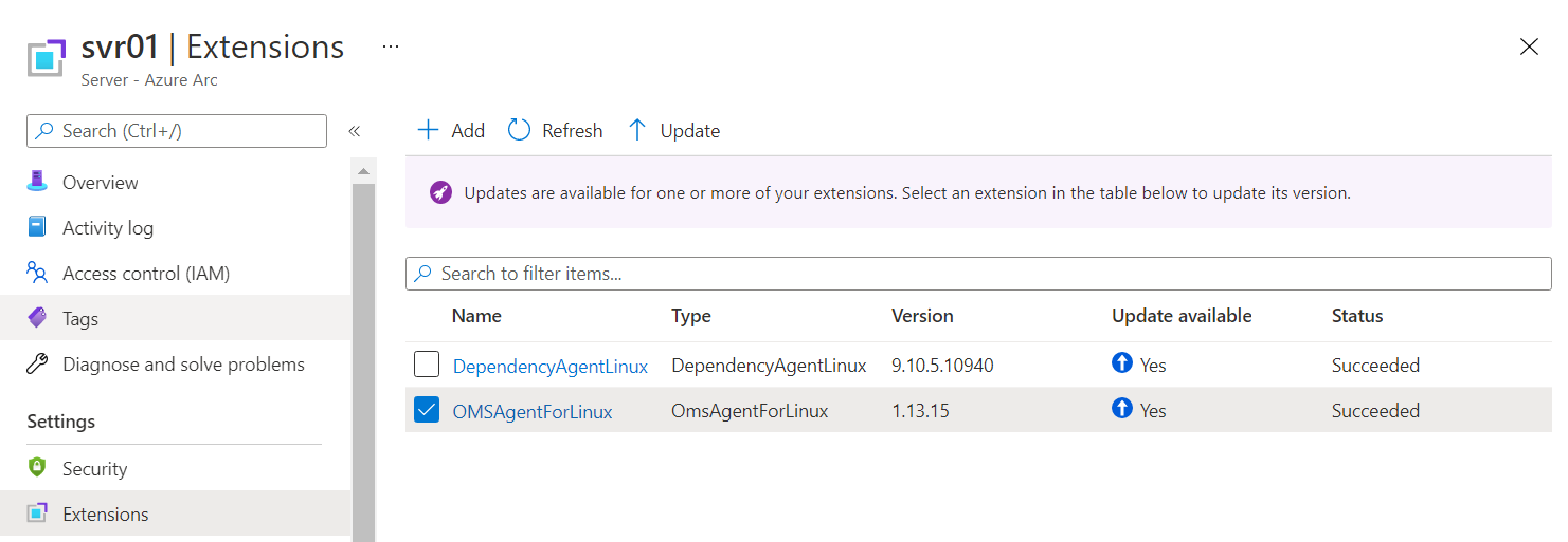 Screenshot that shows a selected extension in a list of extensions that are eligible for an upgrade.