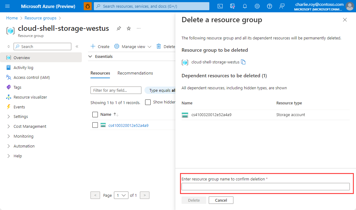 Screenshot showing a form that requires the resource name to confirm deletion.