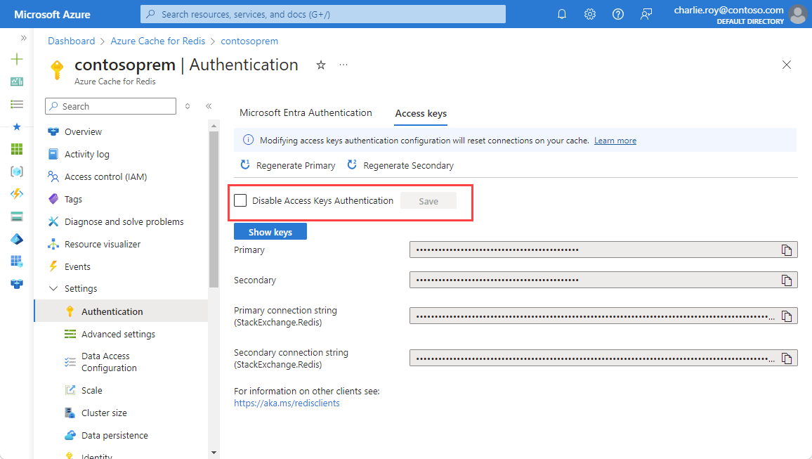 Screenshot showing access keys in the working pane with the Disable Access Keys Authentication checkbox. 