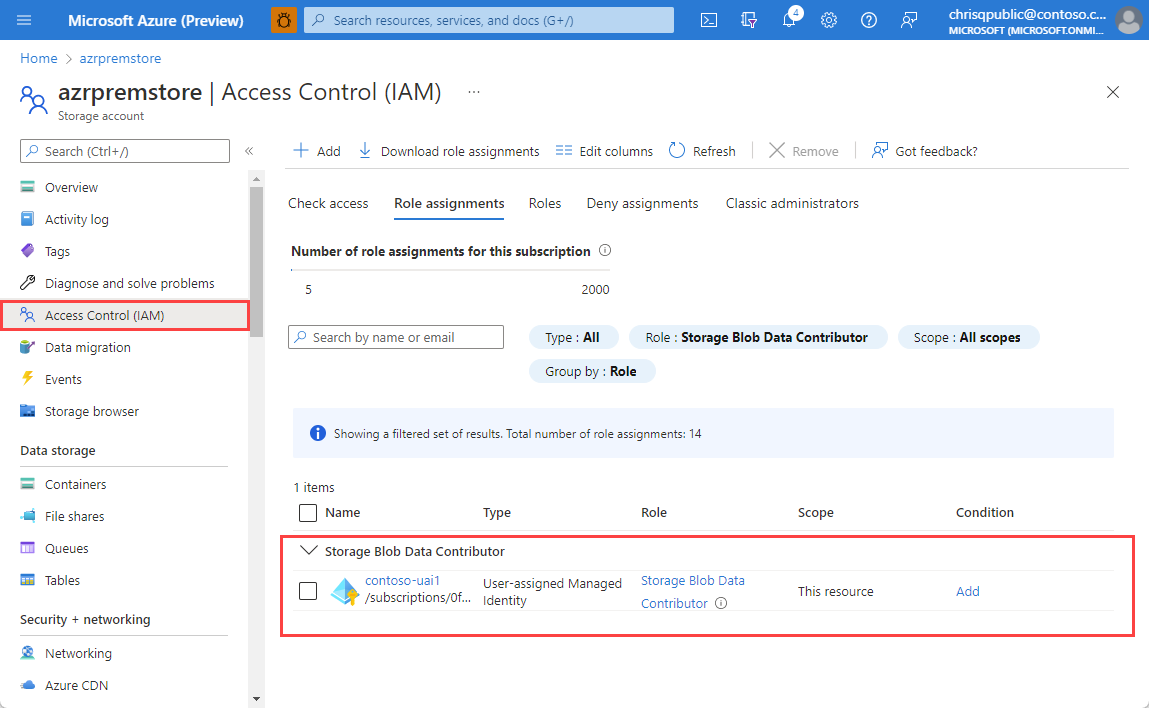 Screenshot of Storage Blob Data Contributor list.