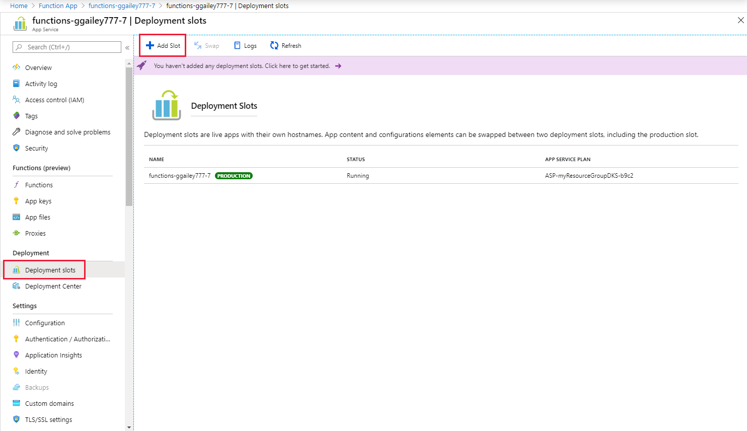 Add Azure Functions deployment slot.