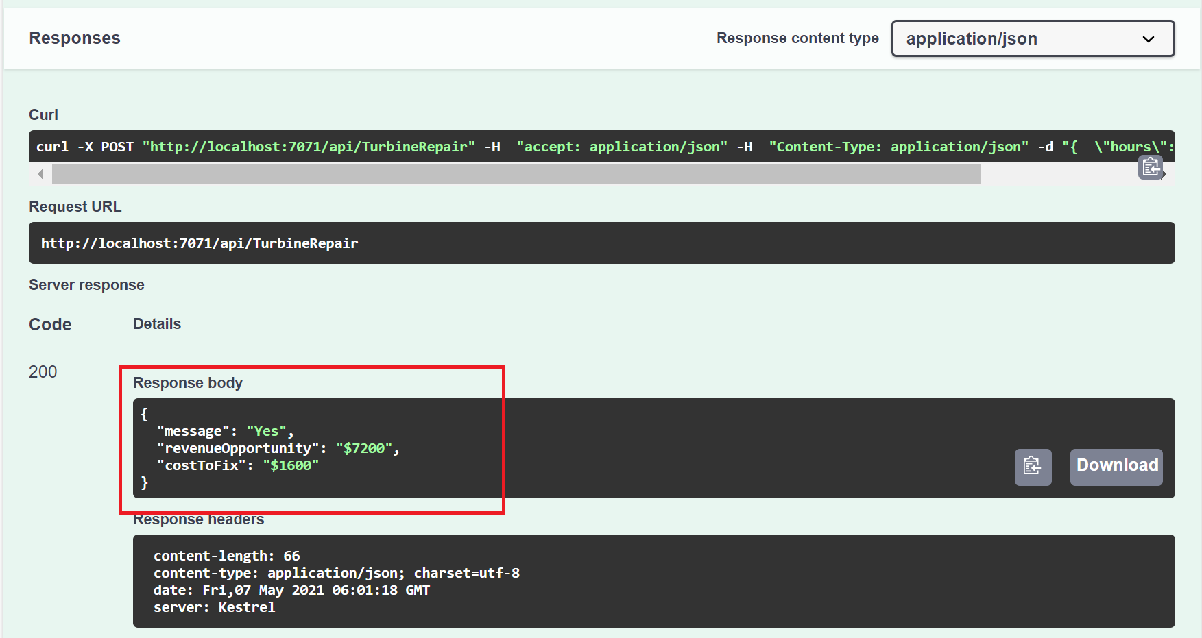 Response JSON data from the TurbineRepair function.