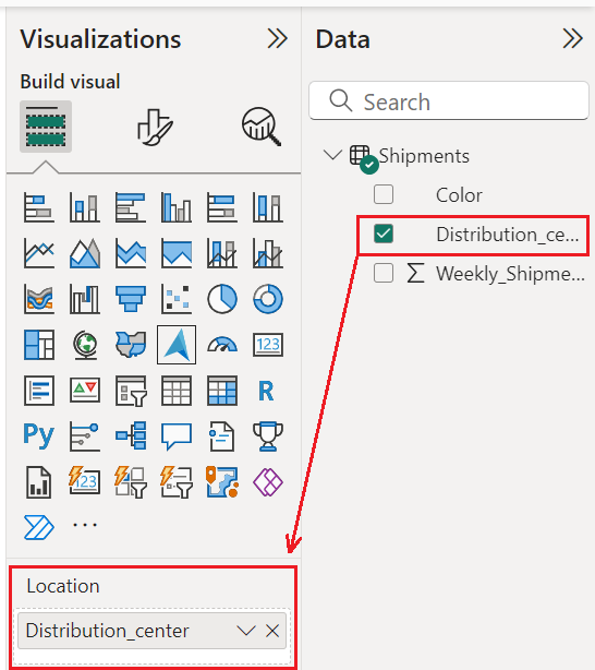 A screenshot showing the location field in Power BI desktop.