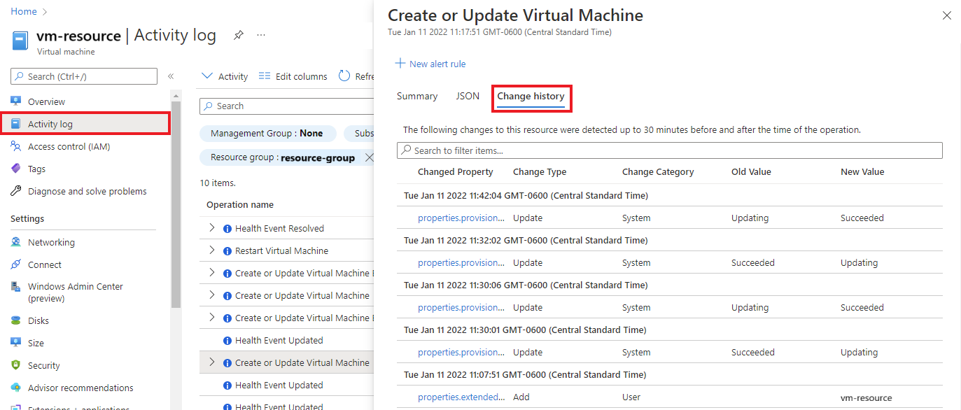 Screenshot that shows Activity log change history integration.