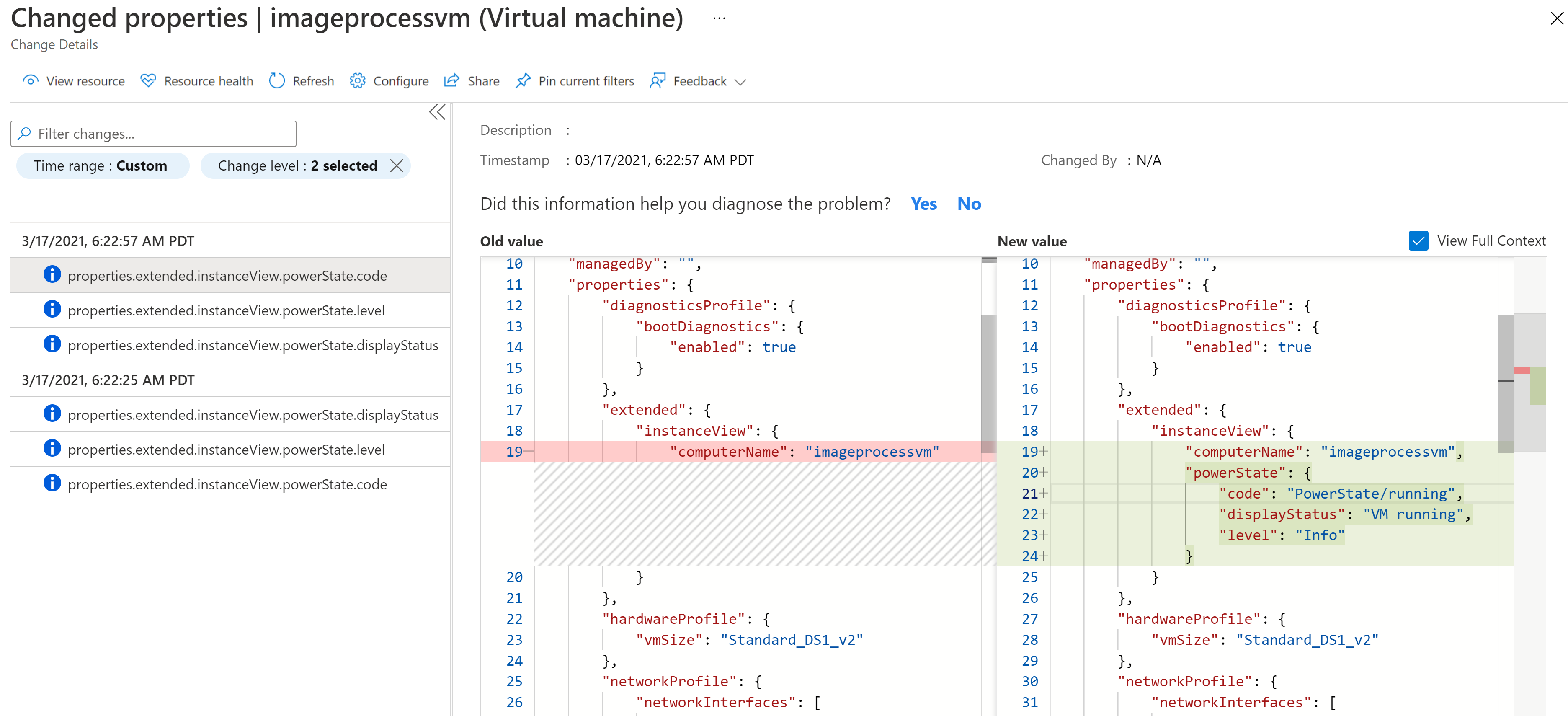 Screenshot that shows change details on the Changed Properties pane.