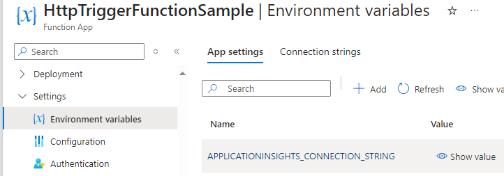 Screenshot showing the App Insights connection string setting in the list.