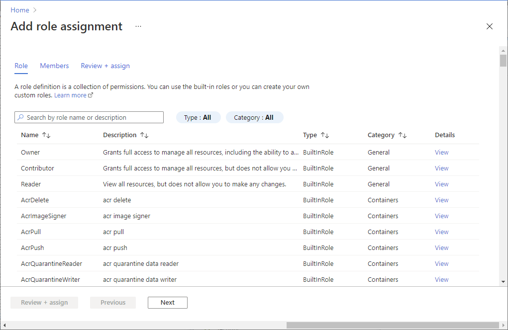 Screenshot that shows the role assignment page in the Azure portal.