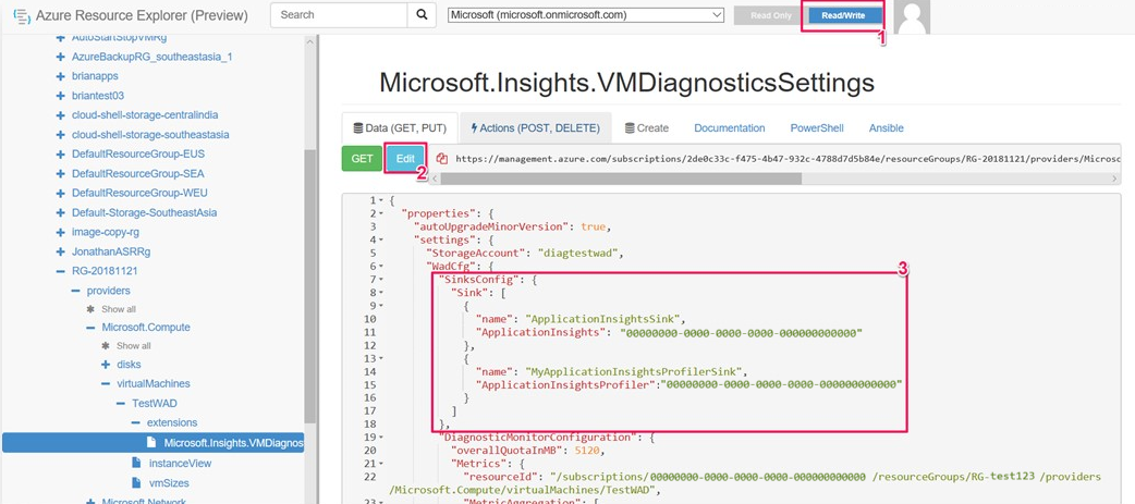 Screenshot that shows adding the Application Insights Profiler sink.