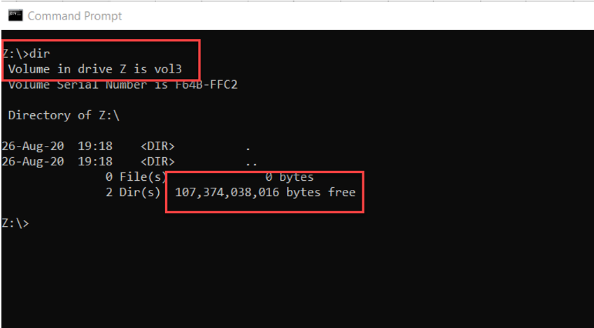 Screenshot that shows using a command to display storage capacity for a volume after behavior change.