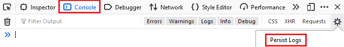 Screenshot of the Console setting for Persist Logs in Firefox