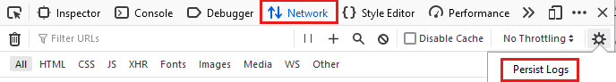 Screenshot of the Network setting for Persist Logs in Firefox.