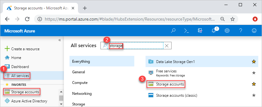 Screenshot of the Azure portal showing the Storage accounts service selected.