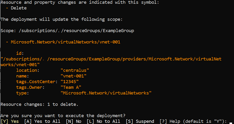 Screenshot of Resource Manager template deployment what-if operation output in deployment mode complete.