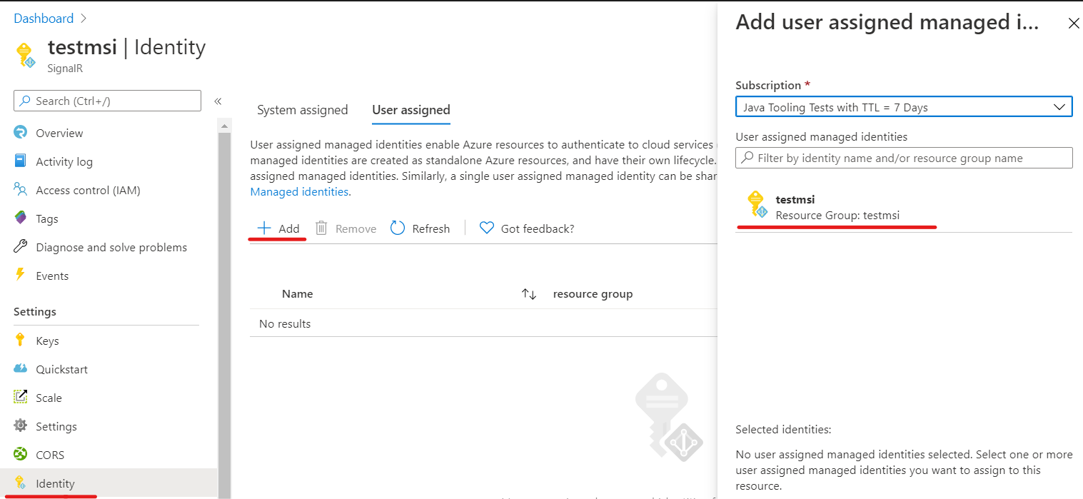 Screenshot that shows selections for adding a user-assigned identity in the portal.