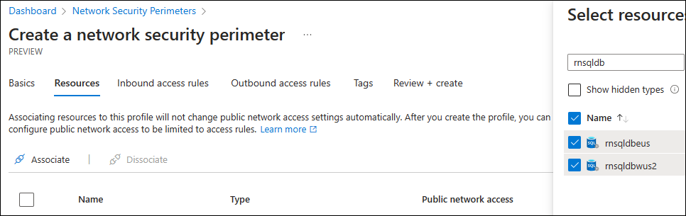 Screenshot of creating a network security perimeter in the Azure portal.