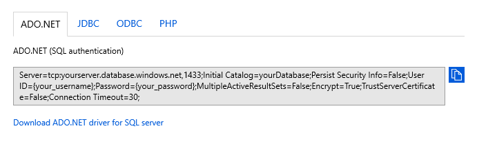 Screenshot of the Azure portal showing the connection strings page. The ADO.NET tab is selected and the ADO.NET (SQL authentication) connection string is displayed.