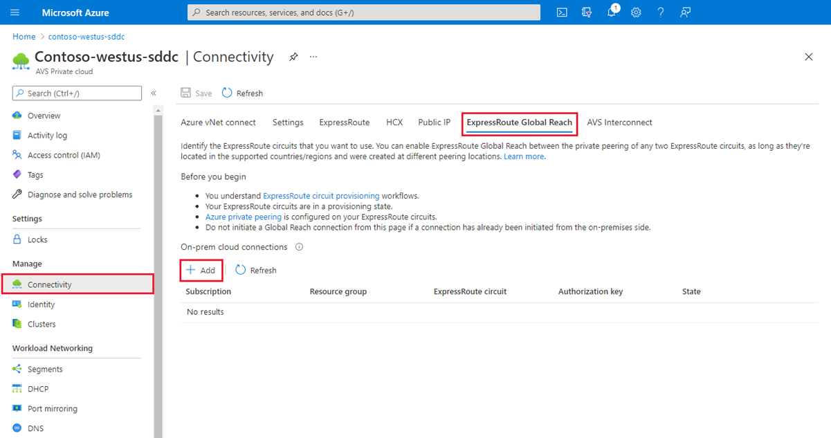 Screenshot showing the ExpressRoute Global Reach tab in the Azure VMware Solution private cloud.