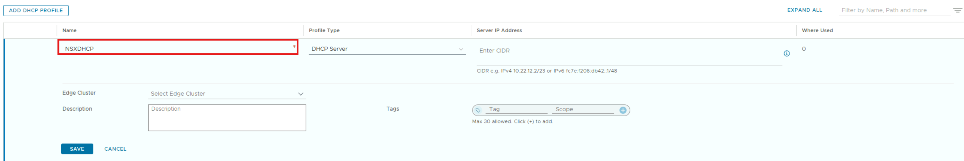 Screenshot showing how to add a DHCP Profile in NSX Manager.