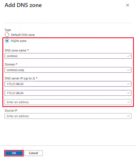 Screenshot showing the required information needed to add an FQDN zone.